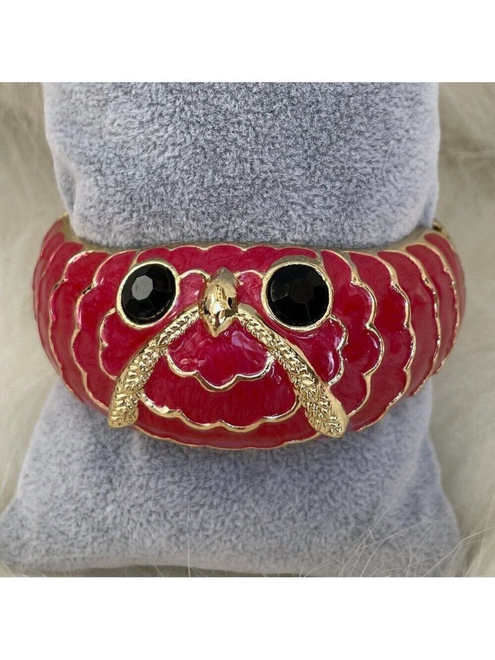 Chunky Enamel Owl Bracelet - Dark Pink on Gold with Hinge #529